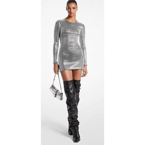 $1295 Michael Kors Crystal Embellished Scuba Long Sleeve Mini Dress NWT - Picture 1 of 7